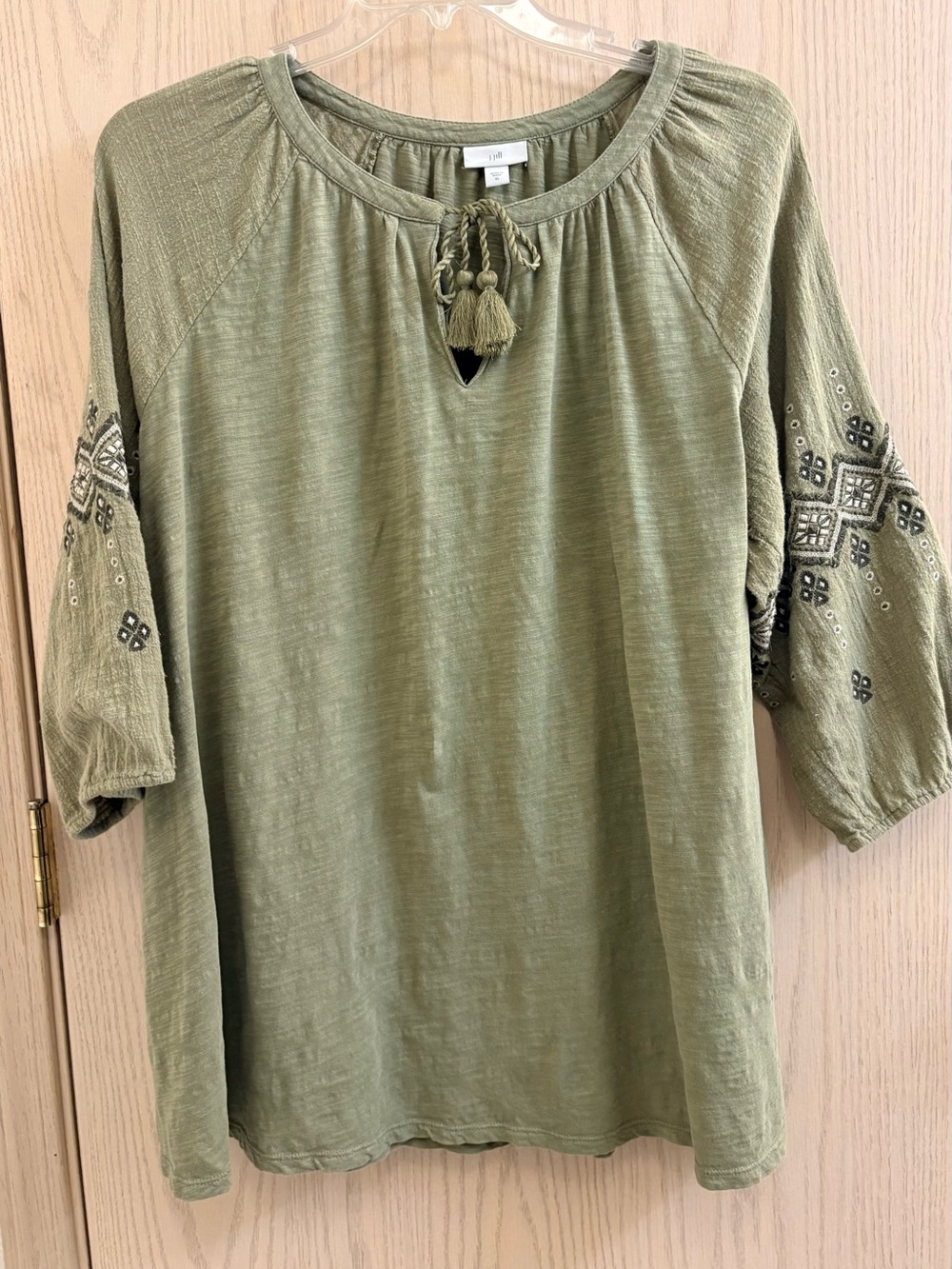 J. Jill Olive Green Embroidered Tassel Peasant Tunic
